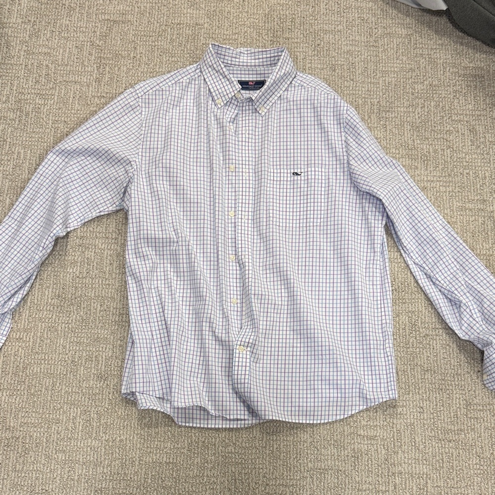 Vineyard Vines Blue and White Windowpane Dress Shirt. Never worn. Size L.